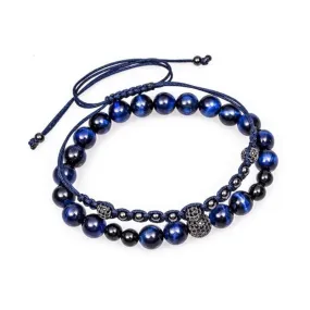 2pcs/Set Blue Natural Tiger Stone Beads Men Bracelet, Micro CZ Men's Bracelet, Braiding Macrame Cord Mens Bracelet