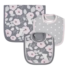 3-Piece Baby Girls Comfy Stretch Floral Leopard Bib & Burps Set