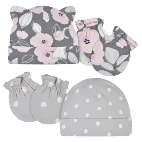 4-Piece Baby Girls Comfy Stretch Floral Leopard Caps & No Scratch Mittens Set