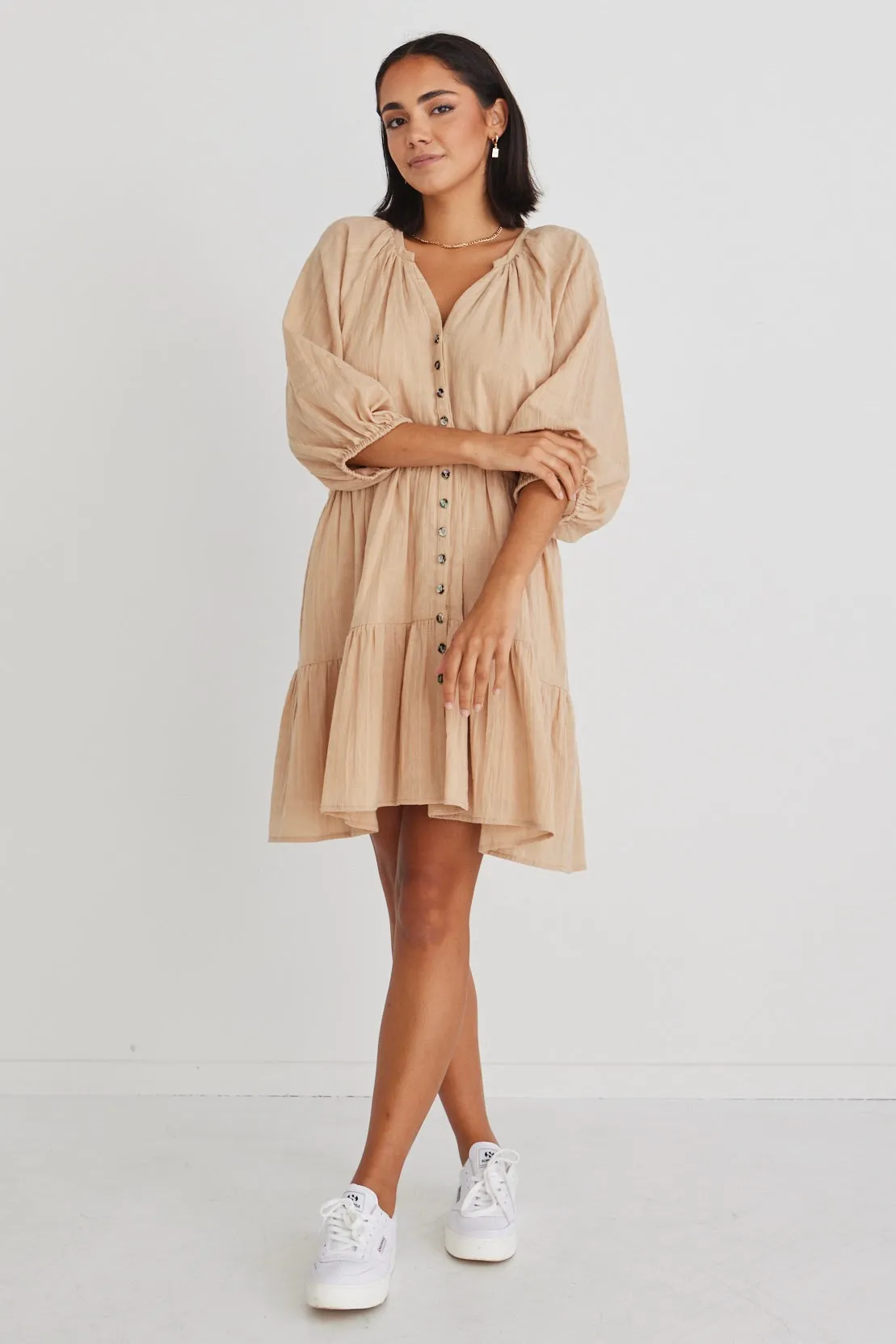 Aries Caramel Cotton Balloon Sleeve Tiered Button Front Mini Dress