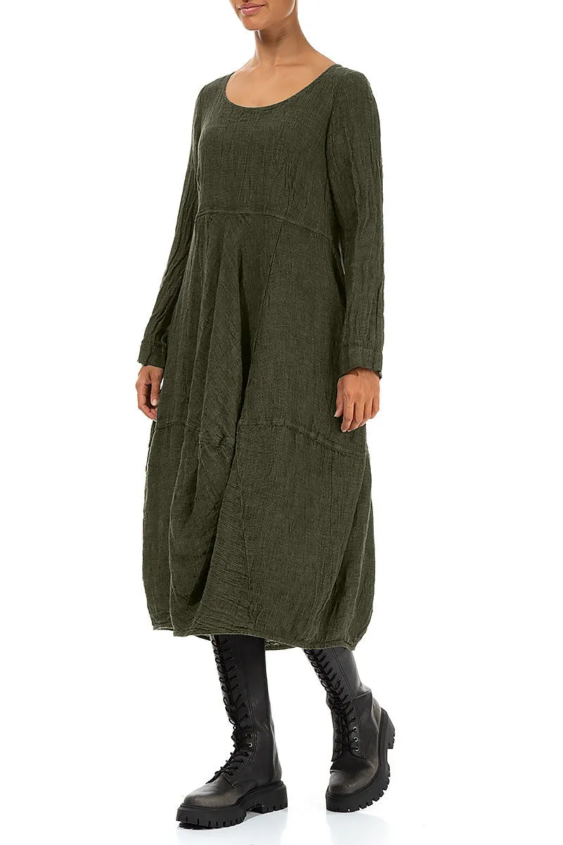 Balloon Long Sleeves Olive Mélange Linen Dress