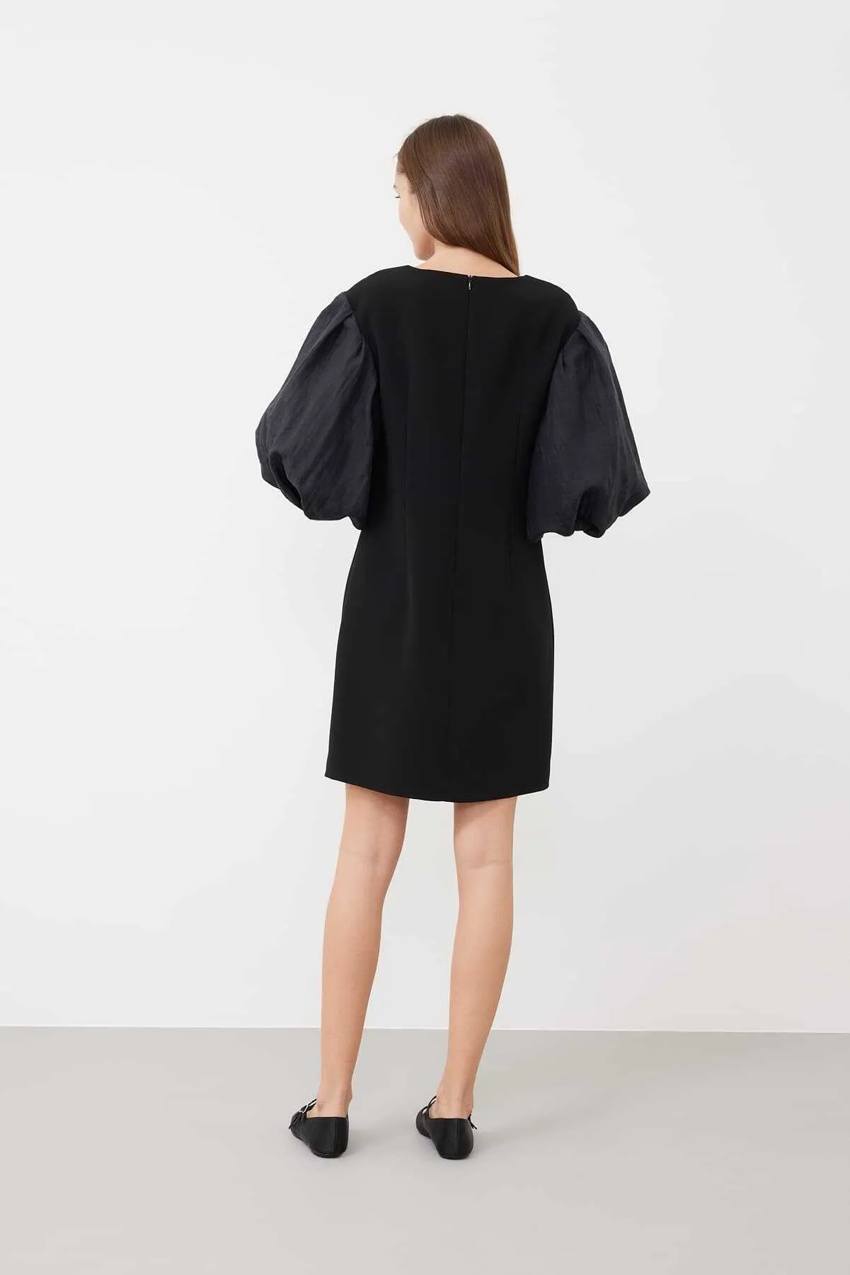 Balloon Sleeve Knee Length Dress Black