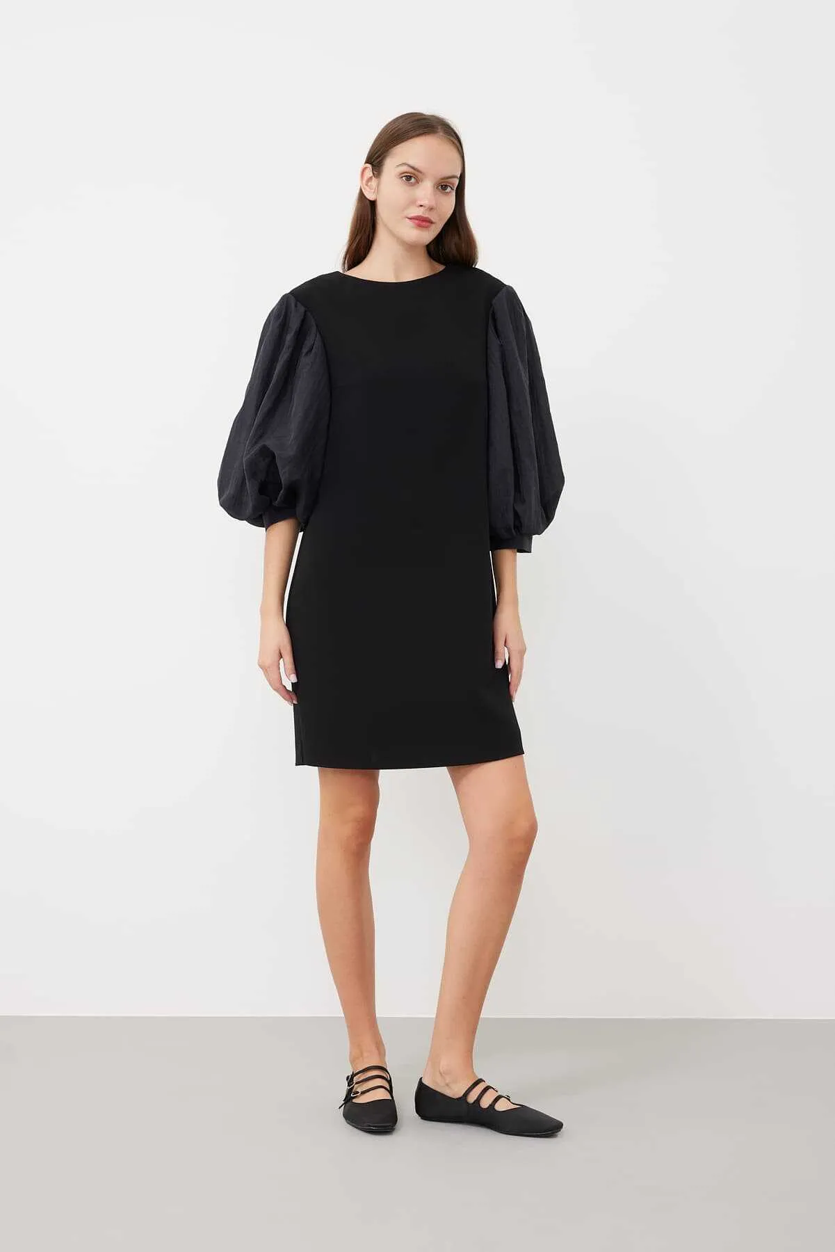 Balloon Sleeve Knee Length Dress Black