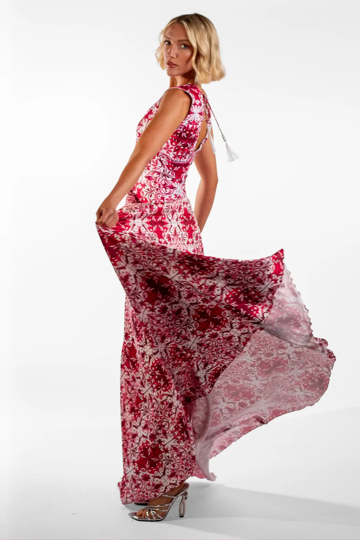 Cataleya Red V-Neck Mosaic Print Maxi Dress