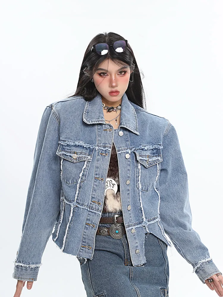 Chrissy Distressed Patchwork Denim Blue Shoulder Padded Button Up Jeans Jacke