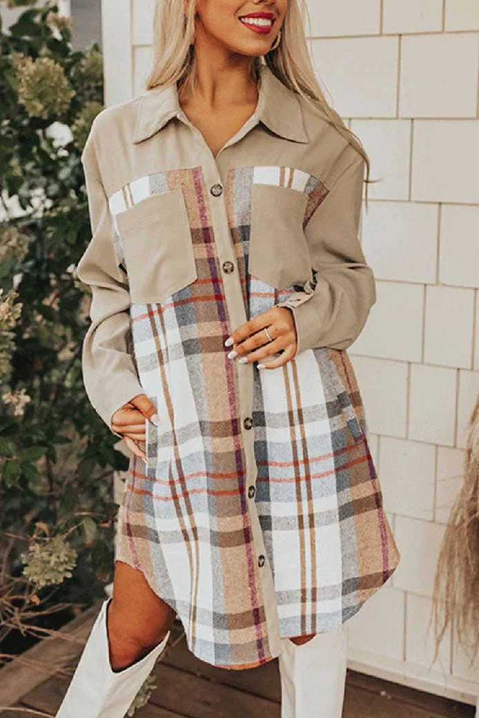 elveswallet Single-breasted plaid patchwork shirt dress