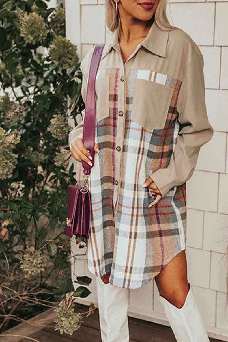 elveswallet Single-breasted plaid patchwork shirt dress