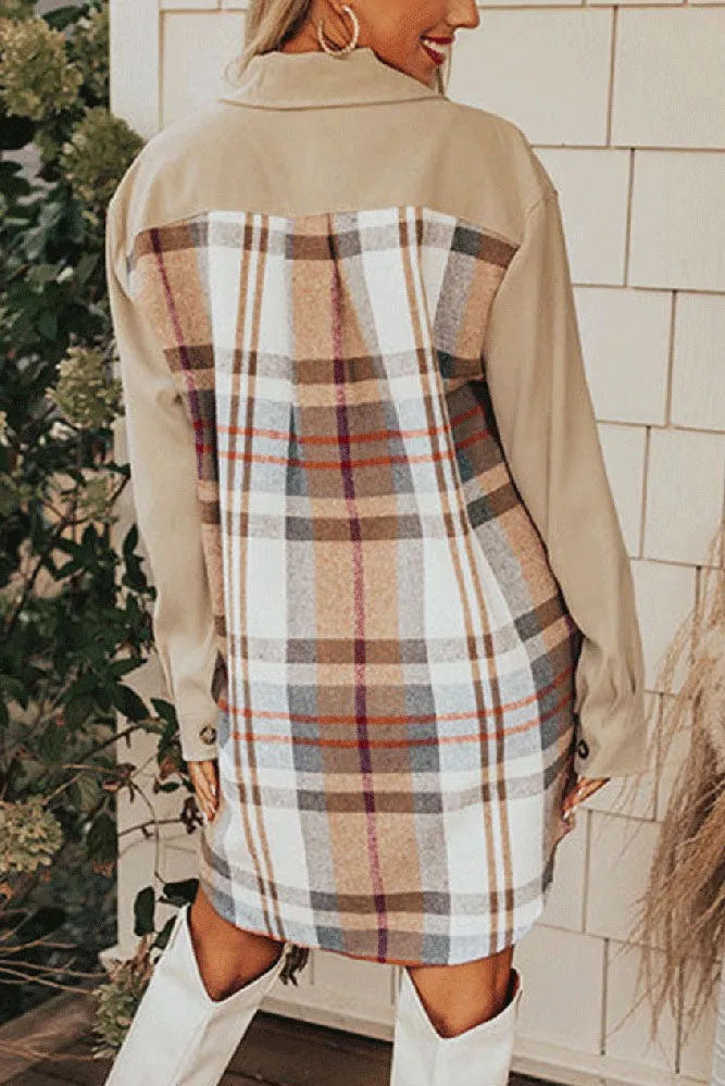 elveswallet Single-breasted plaid patchwork shirt dress