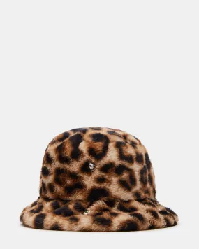 FAUX FUR BUCKET HAT LEOPARD RHINESTONES