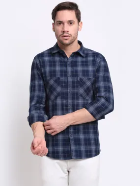 Men Cotton Checkered Blue Full Sleeve Casual Shirt for Men with Pocket