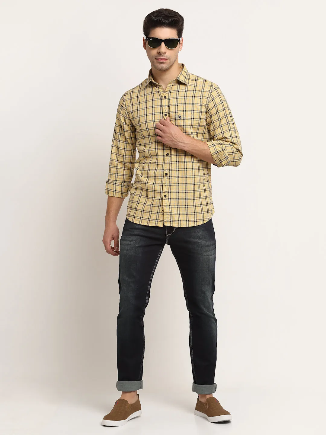 Men Cotton Checkered Yellow Full Sleeve Casual Shirt for Men with Pocket