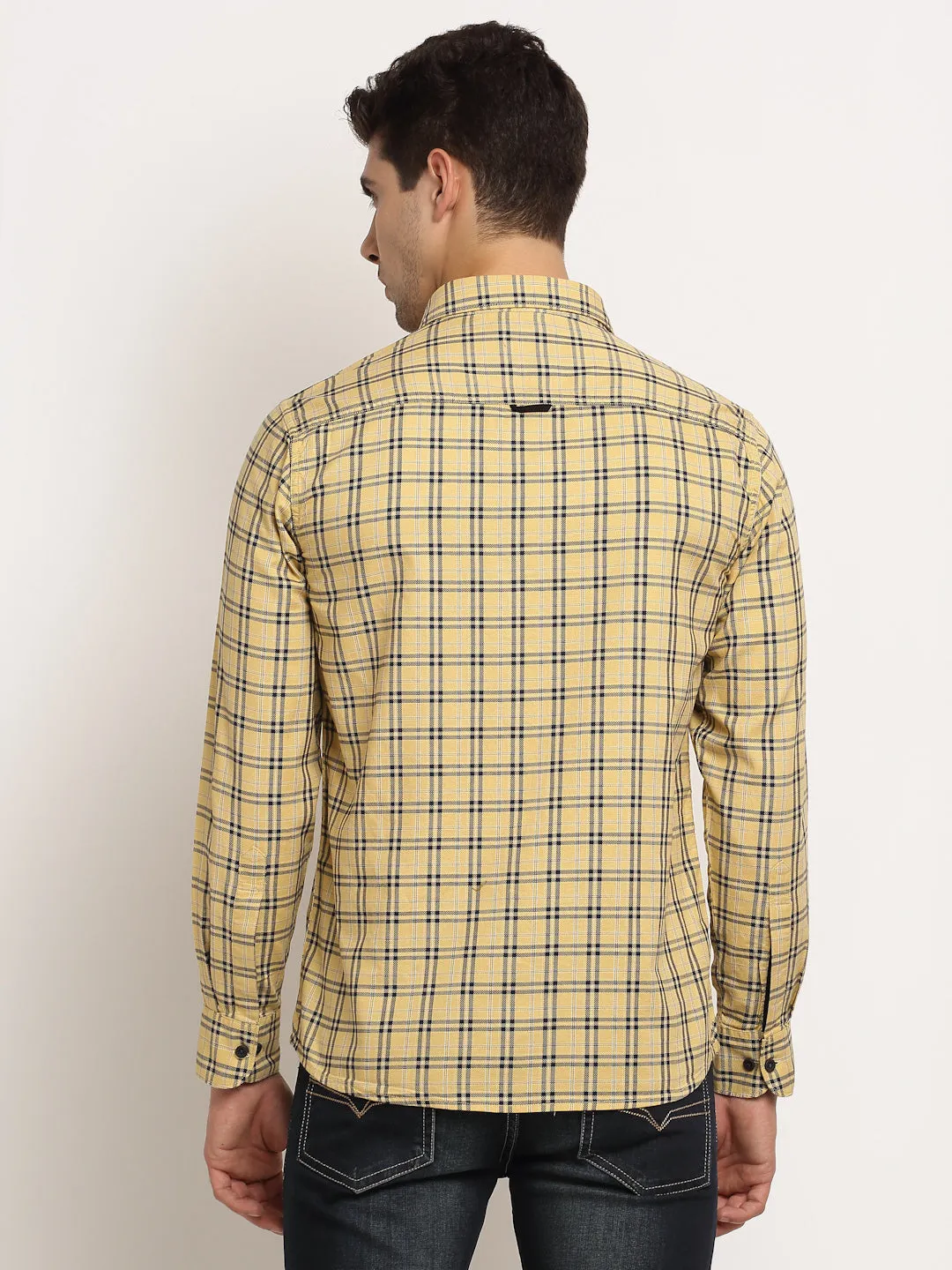 Men Cotton Checkered Yellow Full Sleeve Casual Shirt for Men with Pocket