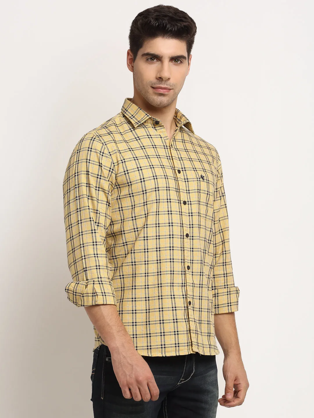 Men Cotton Checkered Yellow Full Sleeve Casual Shirt for Men with Pocket