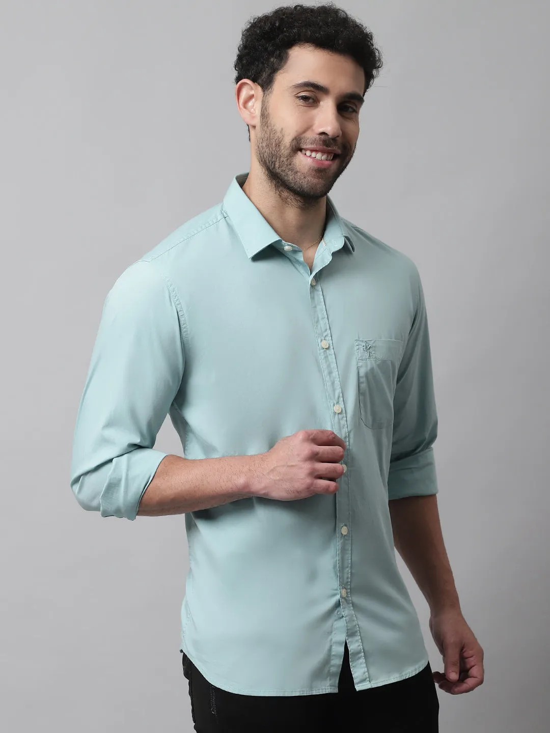 Men's Light Green Casual Plain Stretch Full Sleeve Shirt