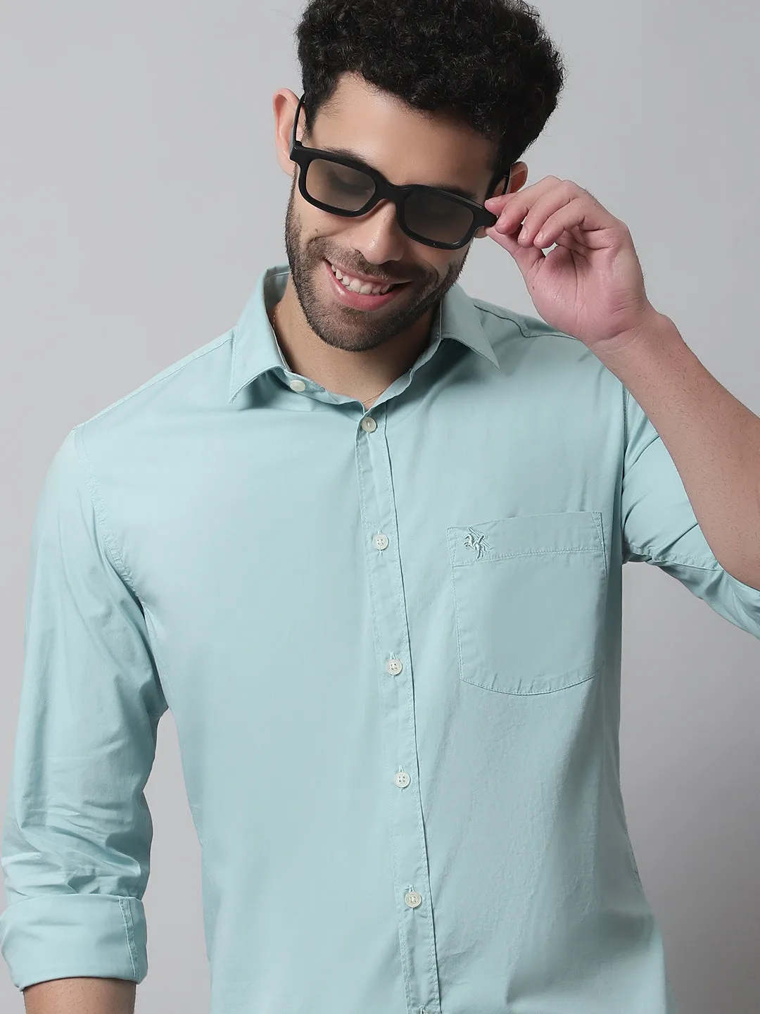 Men's Light Green Casual Plain Stretch Full Sleeve Shirt