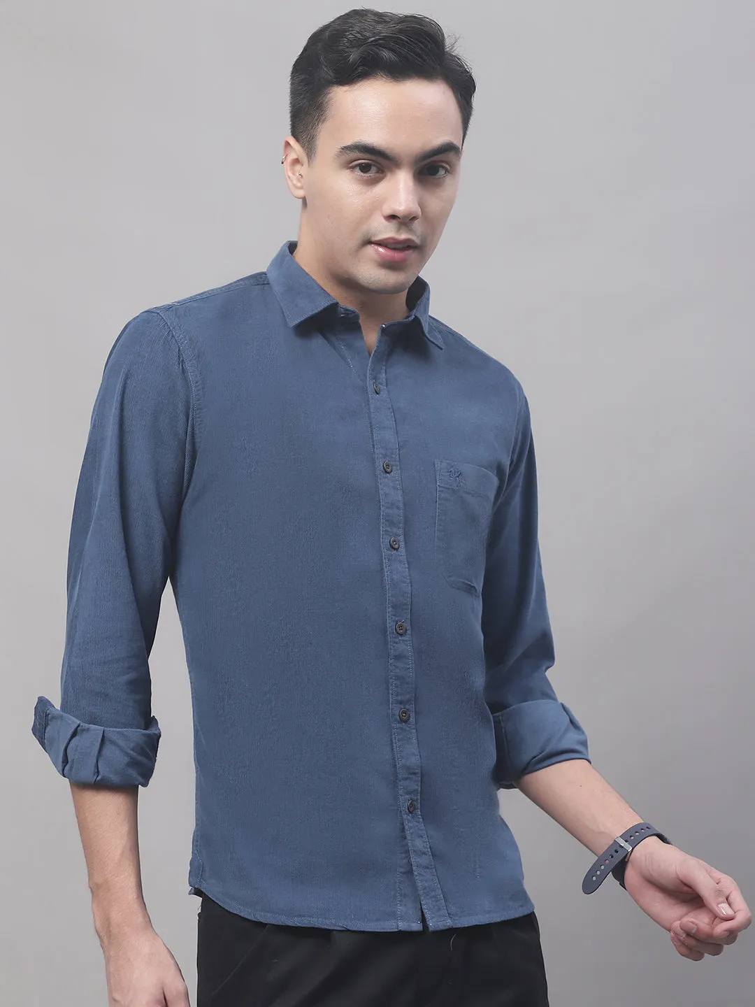 Men's Navy Blue Casual Corduroy Full Sleeve Shirt