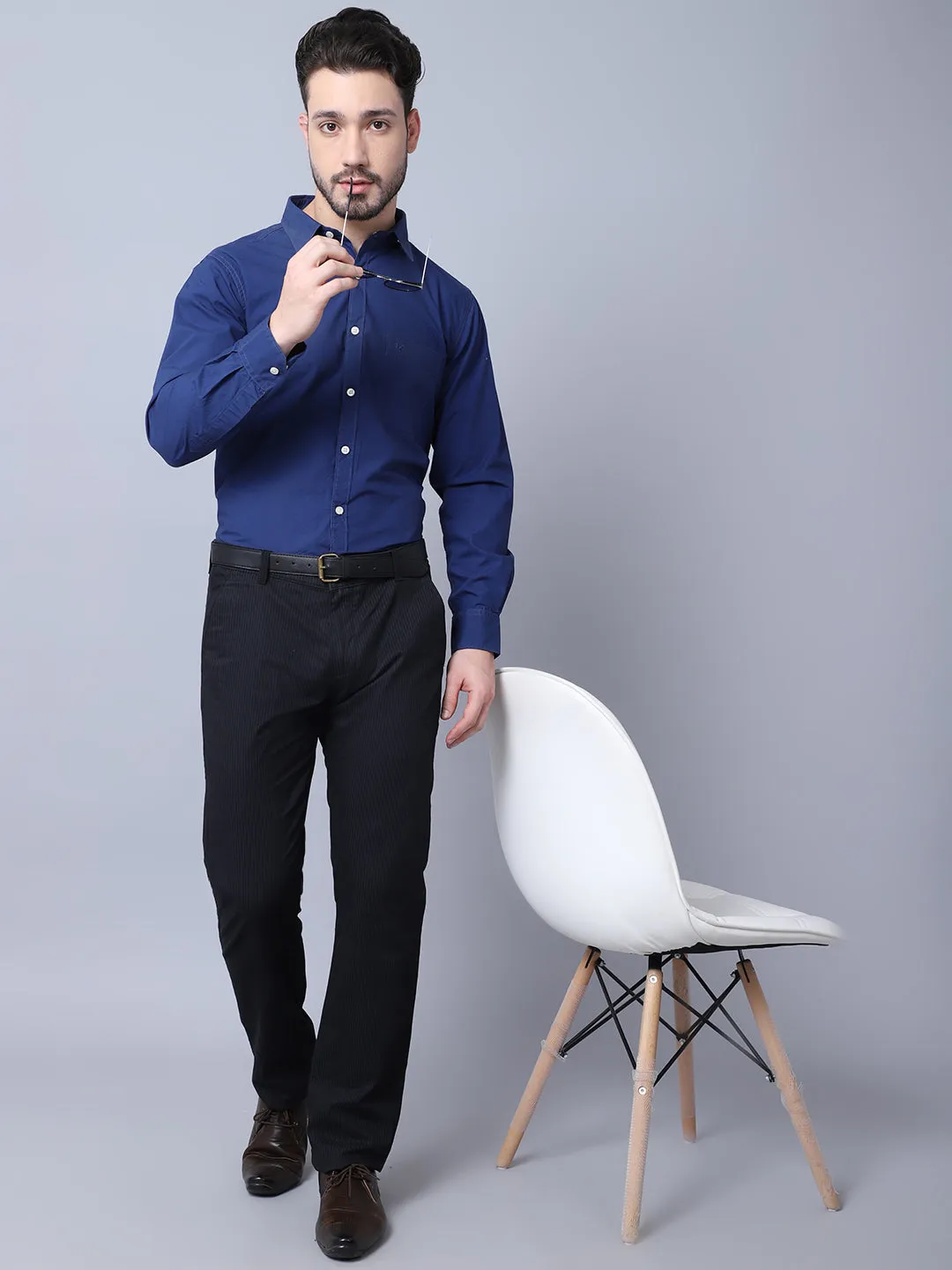 Men's Navy Blue Casual Plain Full Sleeve Shirt