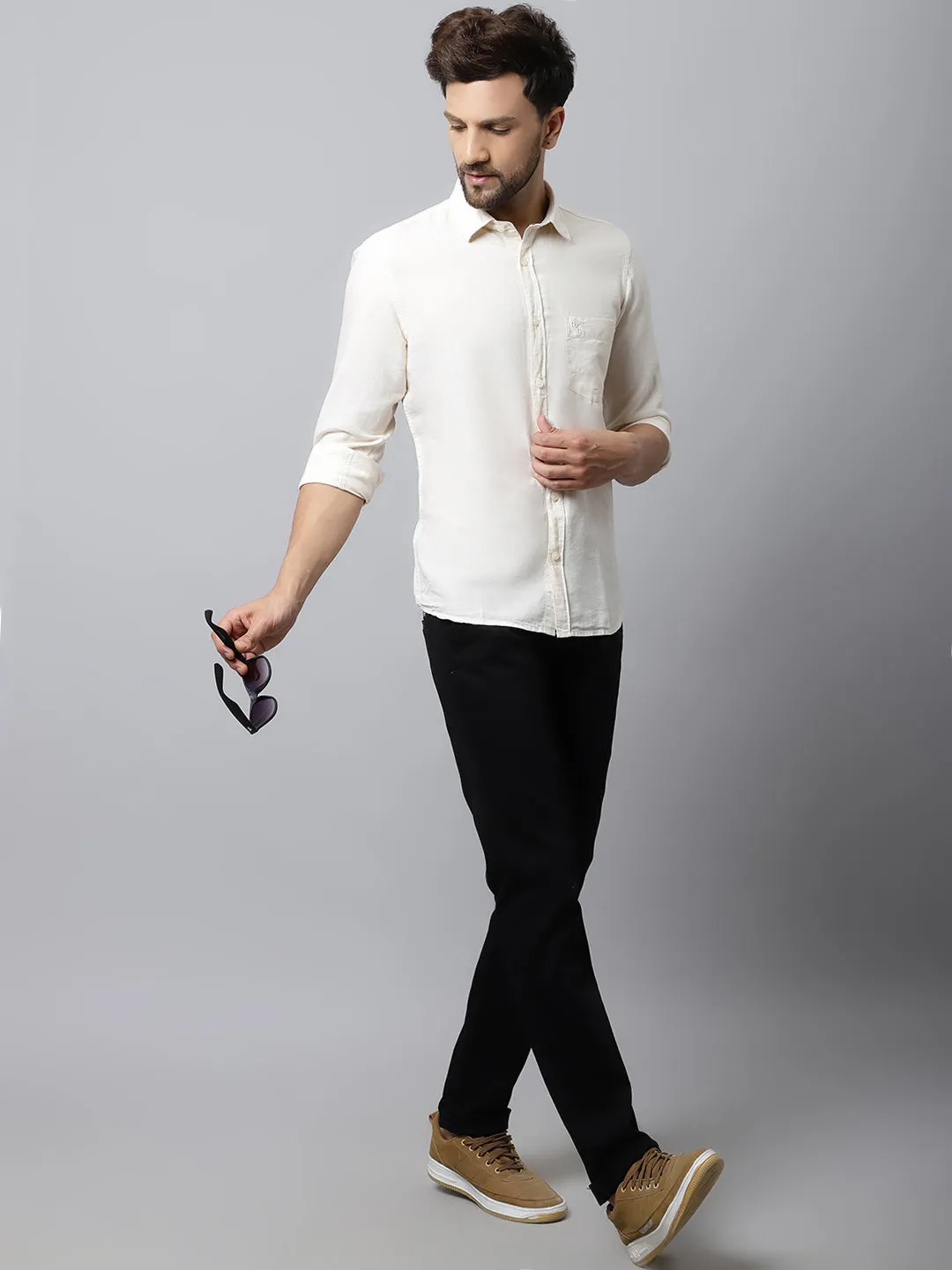 Men's Offwhite Casual Plain Full Sleeve Shirt