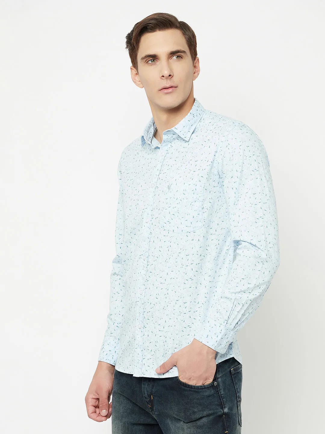 Men's Sky Blue Casual Floral Print Full Sleeve Shirt