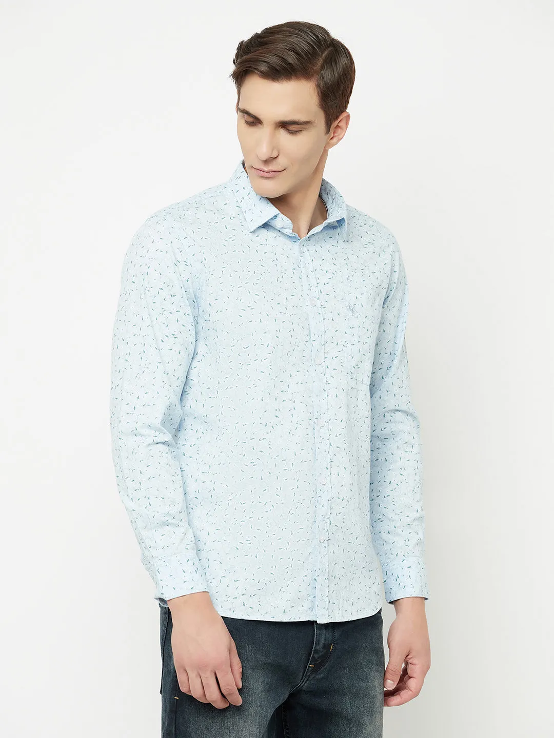 Men's Sky Blue Casual Floral Print Full Sleeve Shirt