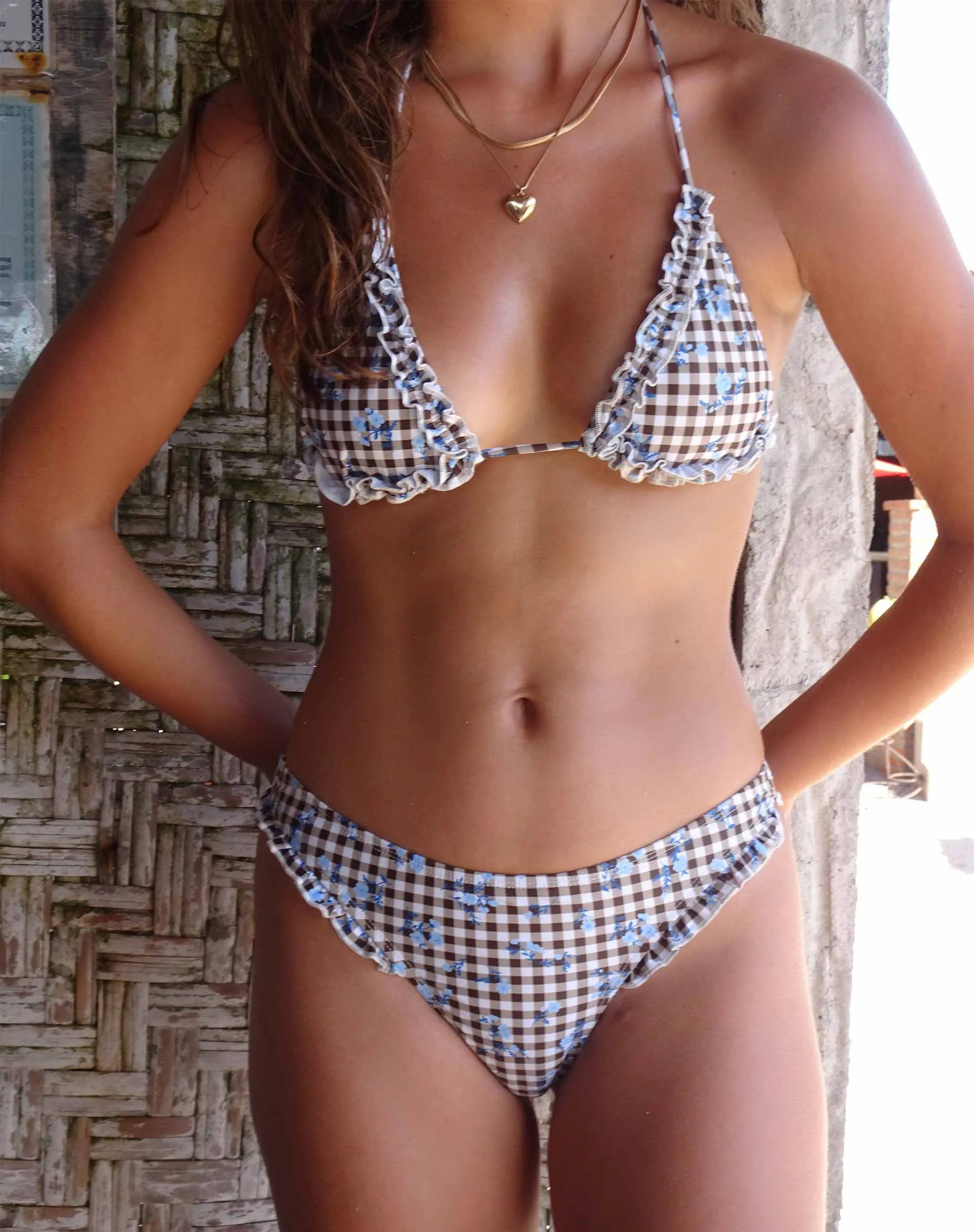 Pandya Bikini Top in Floral Gingham Brown