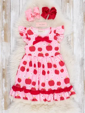 Pink & Red Apples Ruffle Dress