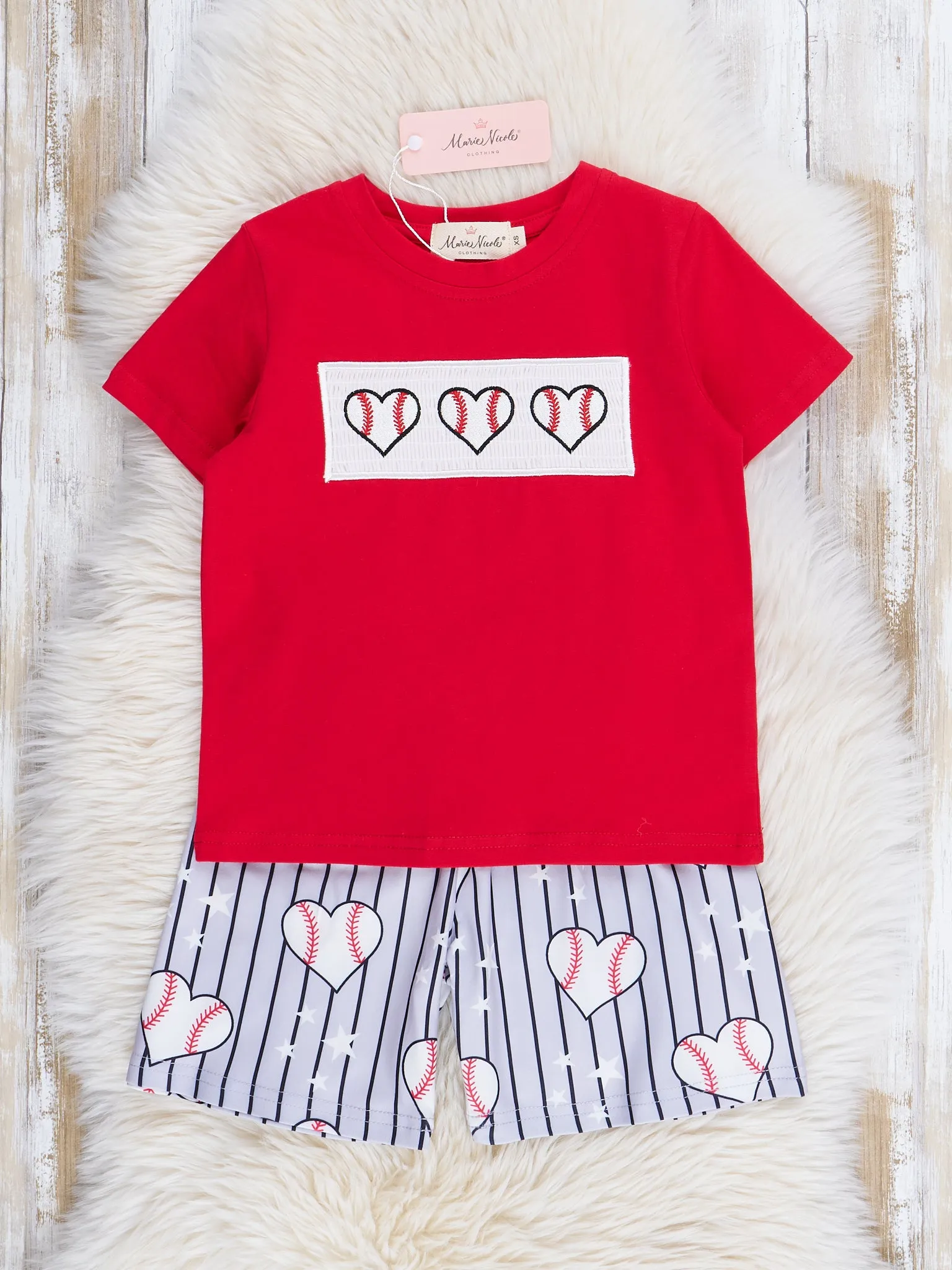 Red & Grey Stripes Smocked Baseball Outfit