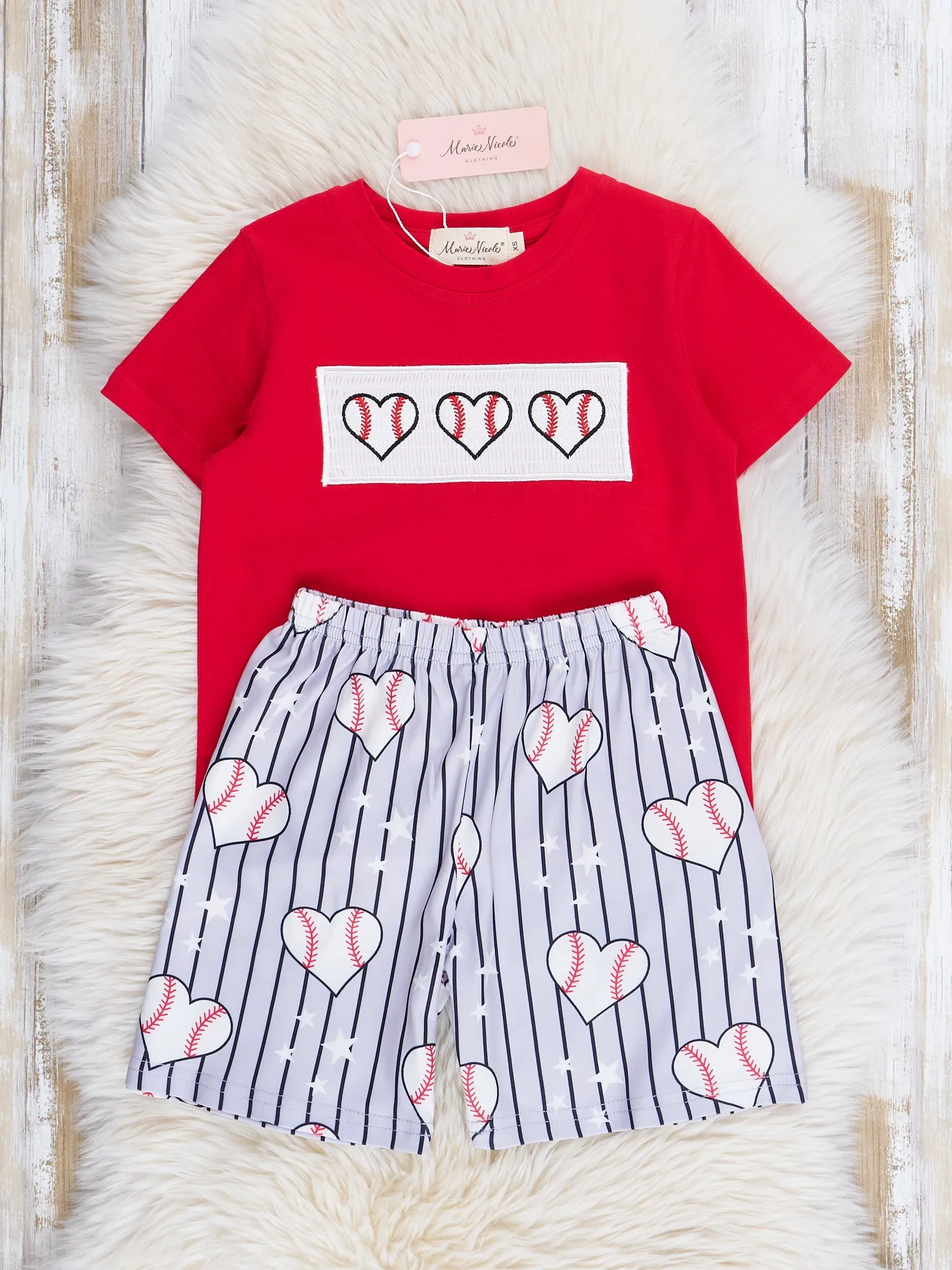 Red & Grey Stripes Smocked Baseball Outfit