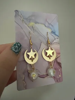 Star and Moon Bohemian Gold Drop Earrings with Freshwater Pearls