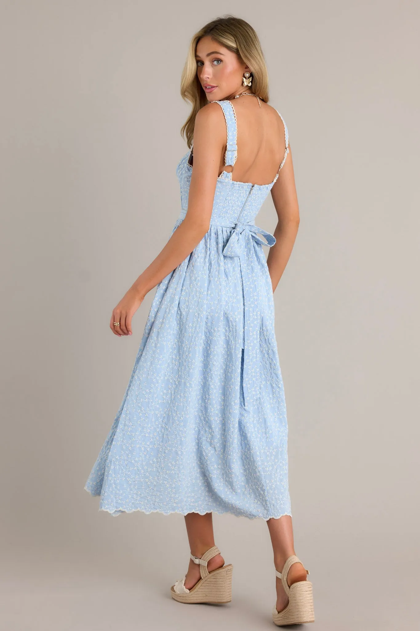 Stitched Serenity Light Blue Embroidered Midi Dress